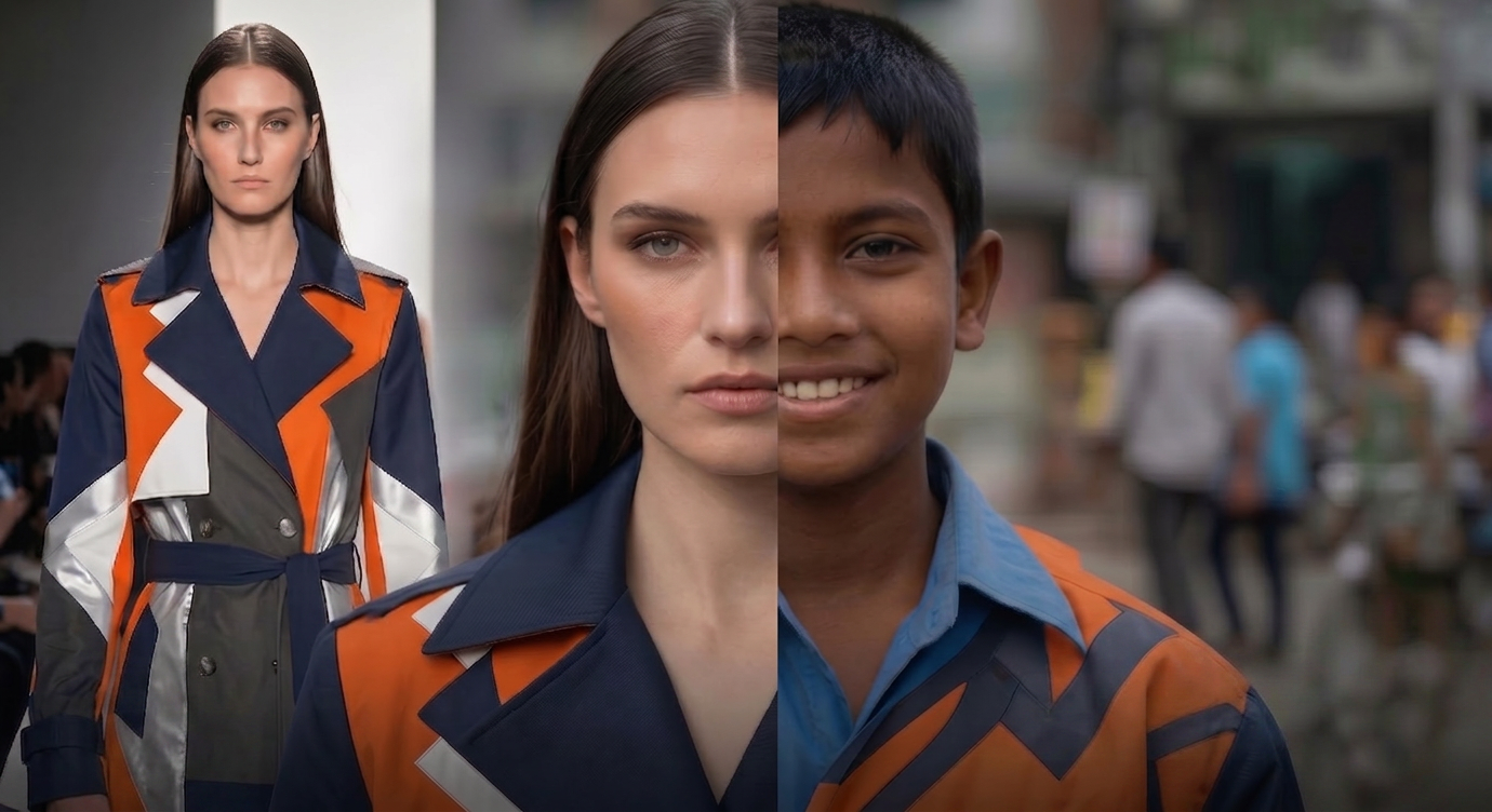 HUNGRY by OK campaign — model and Dhaka child, faces split, both wearing the same OK denim jacket